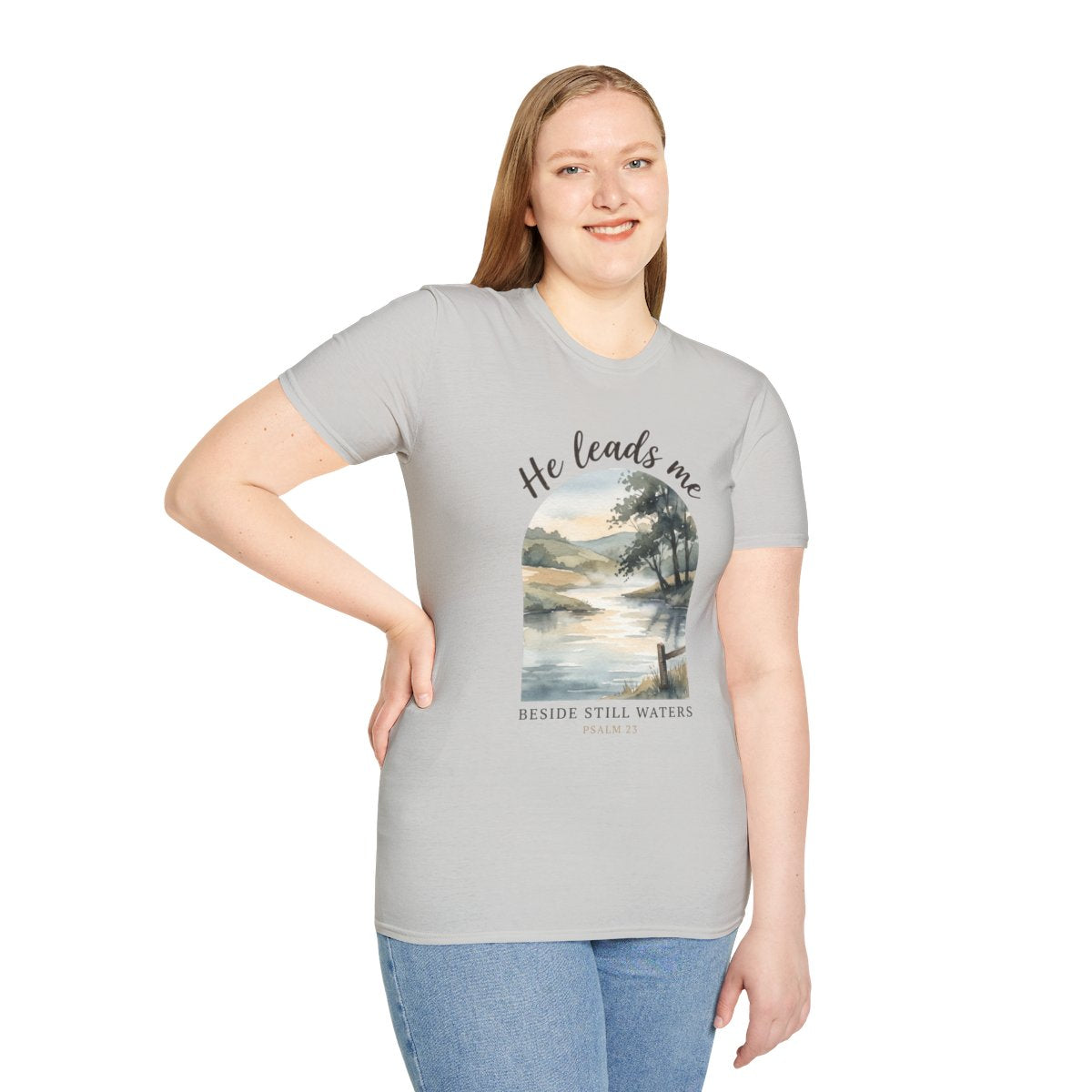 Bible Verse Shirt — Psalm 23 "Still Waters" Watercolor Tee in Ice Grey