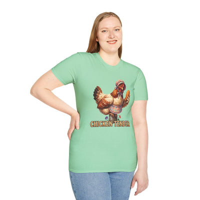 A woman stands with her hand on her hip, smiling and wearing a mint green Chicken T Shirt - Chicken Tender