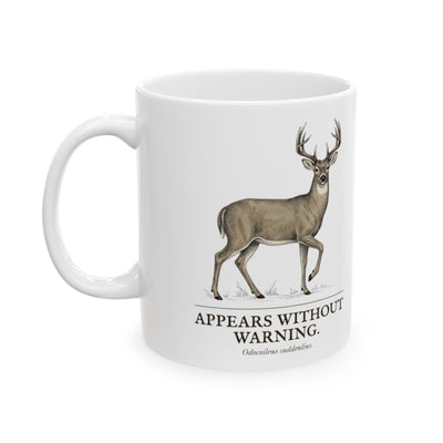 Deer Coffee Mug — "Appears Without Warning" Vintage Engraved Whitetail Buck Mug