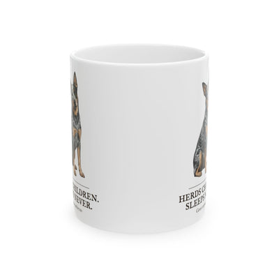 Dog Mom Mug — "Herds Children. Sleeps Never." Vintage Engraved Cattle Dog Mug