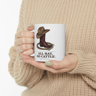 Western Coffee Mug — "All Hat, No Cattle" Vintage Engraved Boot & Hat Mug