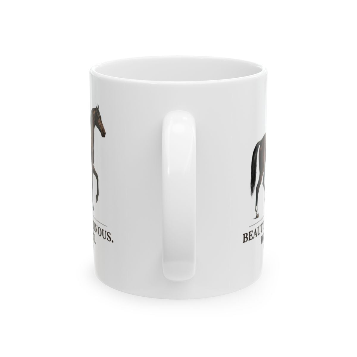 This white Horse Coffee Mug is shown from the side, with the handle centered and the horse illustration partially visible on both sides