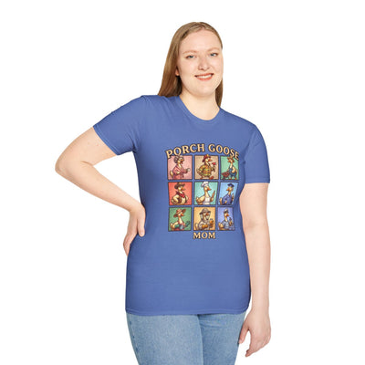 A woman with long blonde hair smiles, standing and wearing the blue Goose Shirt - Porch Goose Mom with nine cartoon geese