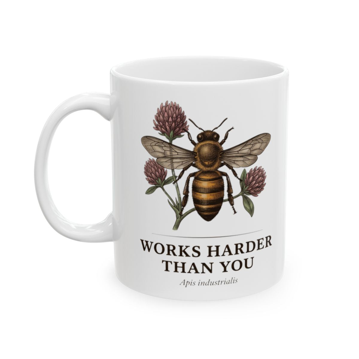 A white Bee Coffee Mug with a vintage bee and clover illustration and "Works Harder Than You" text, shown on a plain white background from Bluegrass Gifts