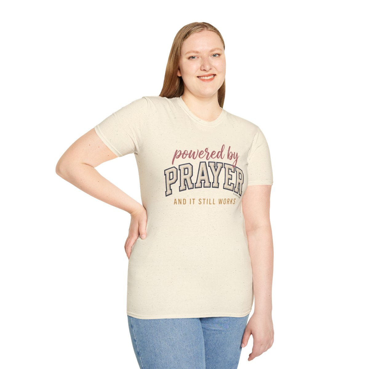 Prayer Shirt — "Powered by Prayer" Varsity Patch Tee in Natural