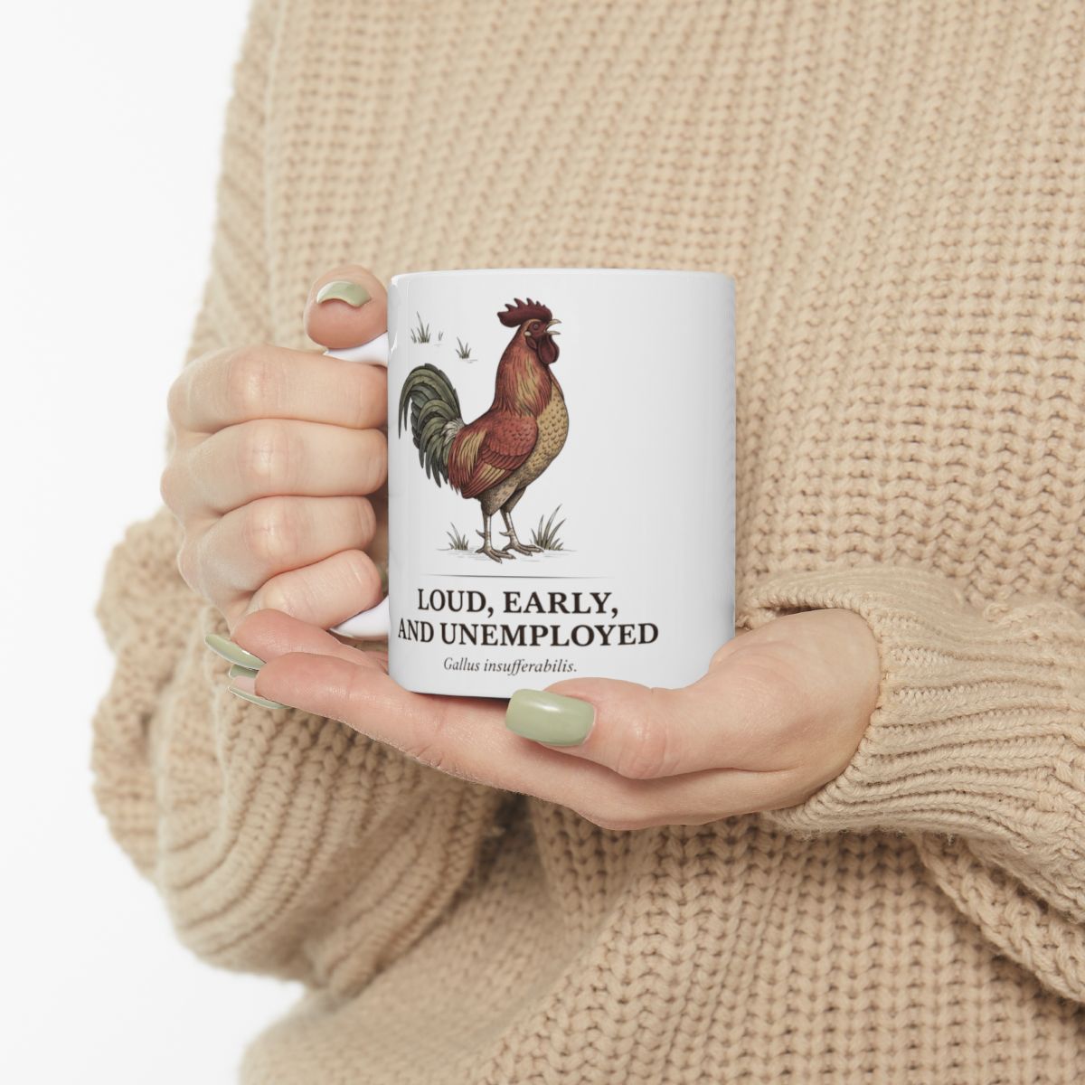 Rooster Coffee Mug — "Loud, Early, and Unemployed" Vintage Field Plate Mug