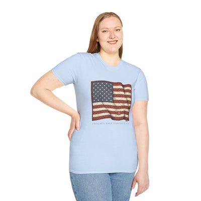 American Flag Shirt for Women — Quilted Heirloom Flag Tee in Light Blue