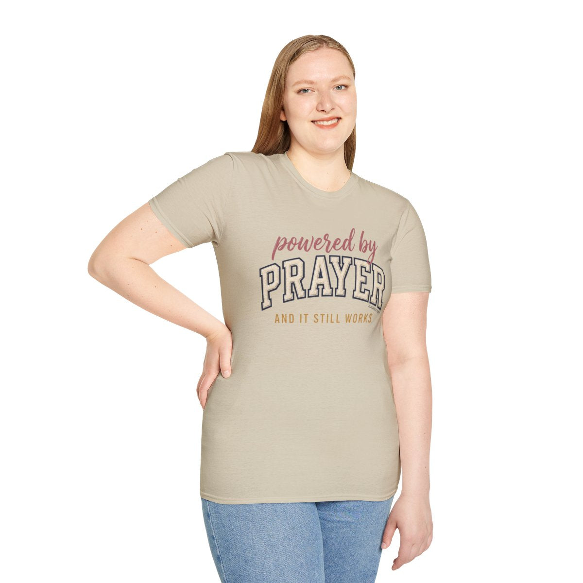 Prayer Shirt — "Powered by Prayer" Varsity Patch Tee in Sand