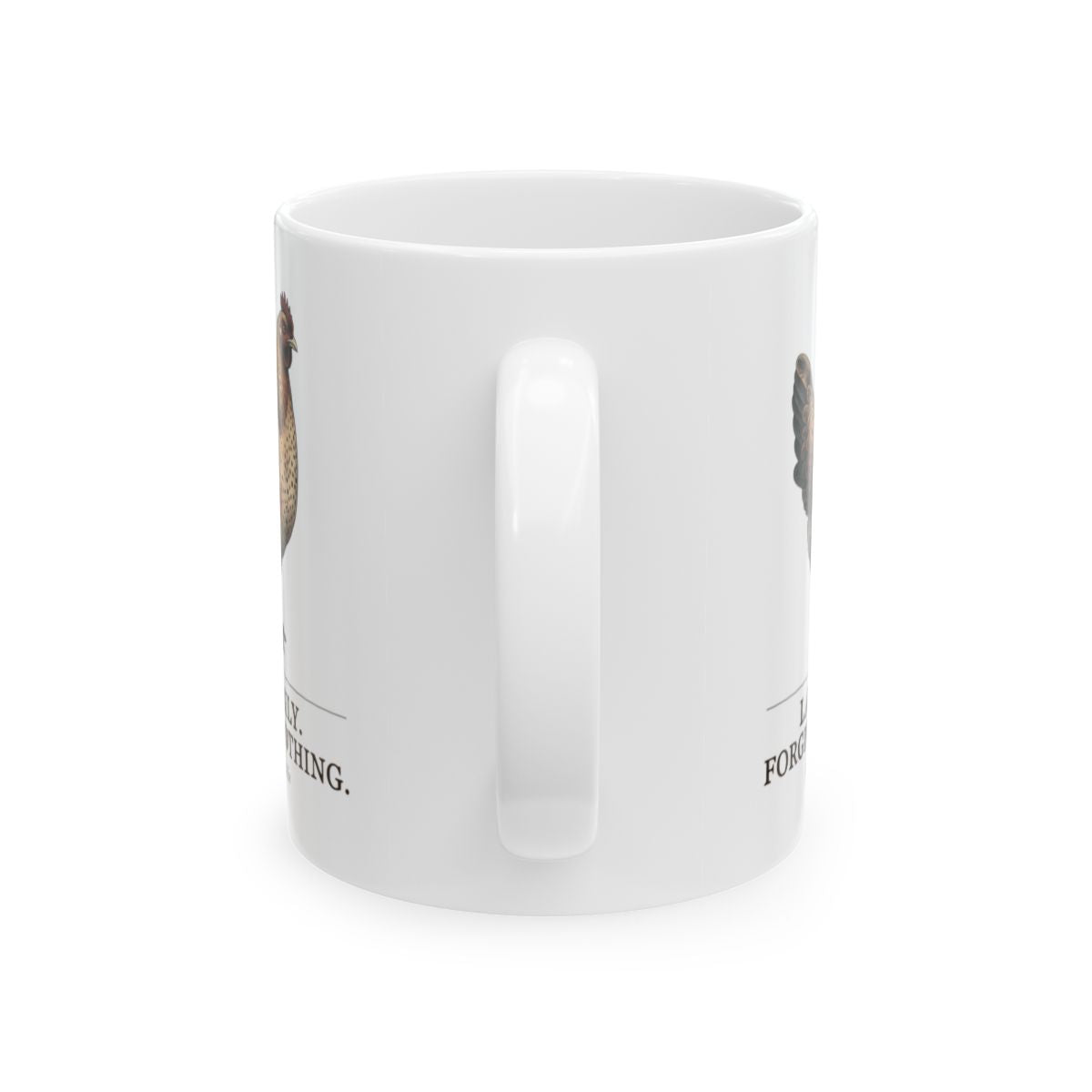A white Chicken Coffee Mug, viewed from the side, prominently displaying its handle against a plain background