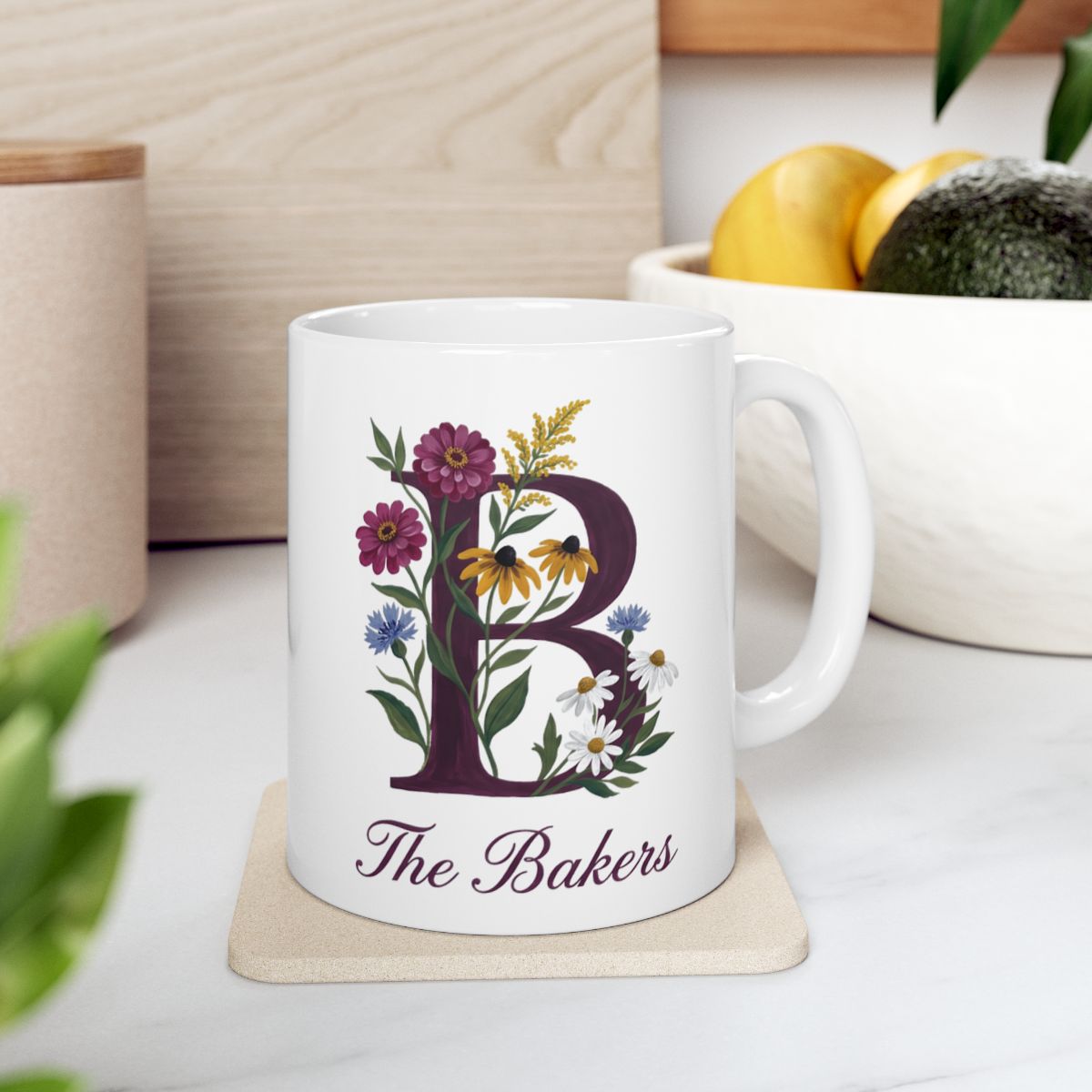 Personalized Monogram Mug — Wildflower Initial with Family Name