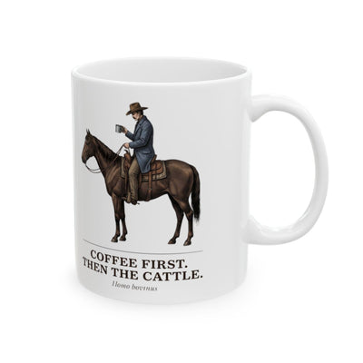Cowboy Coffee Mug — "Coffee First. Then the Cattle." Vintage Engraved Horseback Mug