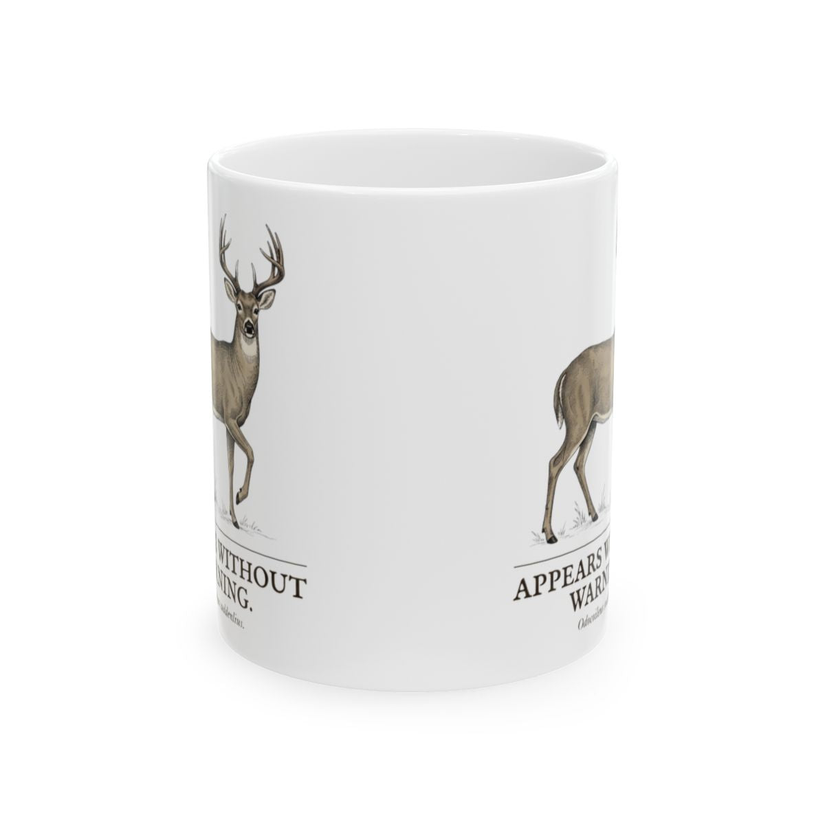 Deer Coffee Mug — "Appears Without Warning" Vintage Engraved Whitetail Buck Mug