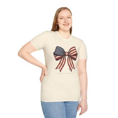 4th of July Shirt — American Flag Bow Tee for Women in Natural
