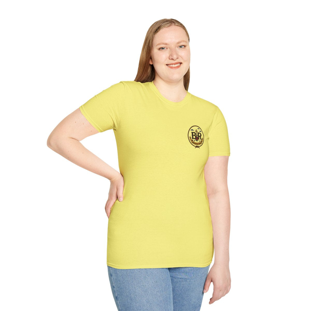 A woman in a yellow tee with a small BR logo on the left chest stands smiling, presenting a style of Cowgirl Shirts