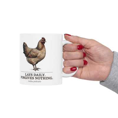 Chicken Coffee Mug — "Lays Daily. Forgives Nothing." Vintage Field Plate Hen Mug