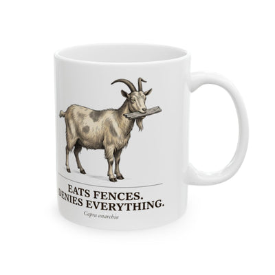 Goat Coffee Mug — "Eats Fences. Denies Everything." Vintage Engraved Goat Mug