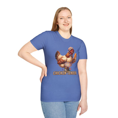 A woman with long blonde hair smiles, wearing a blue Chicken T Shirt - Chicken Tender, standing with hand on hip