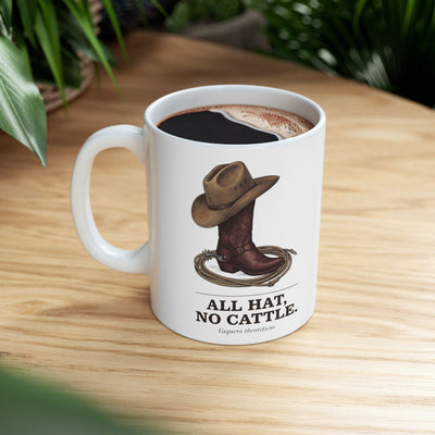 Western Coffee Mug — "All Hat, No Cattle" Vintage Engraved Boot & Hat Mug