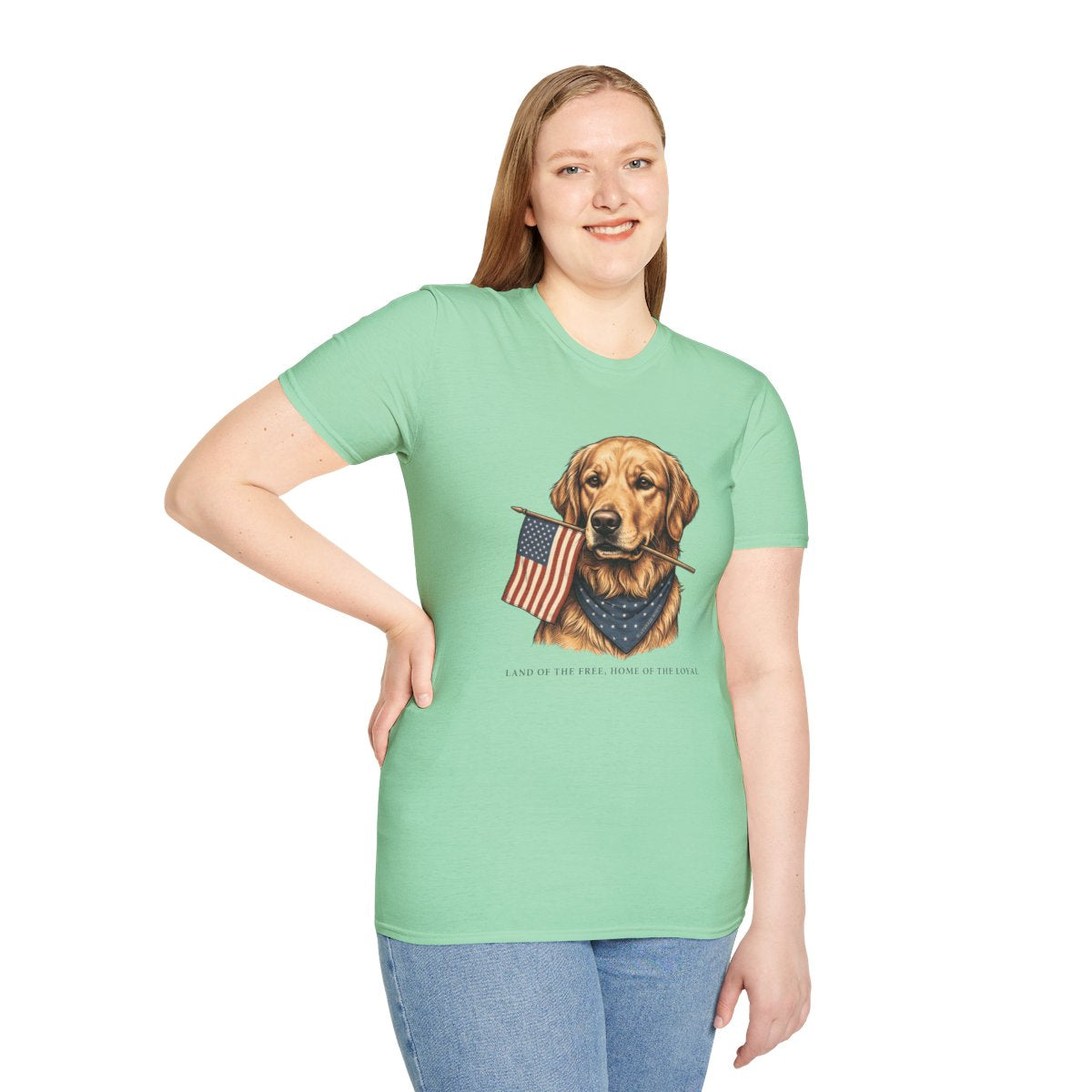 Patriotic Shirt for Women — Golden Retriever Flag Tee in Mint Green