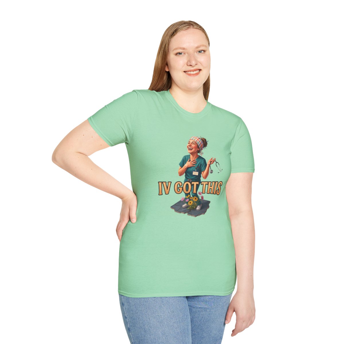 A woman with long blonde hair models the light green Nurse Shirt - IV Got This, standing with one hand on her hip