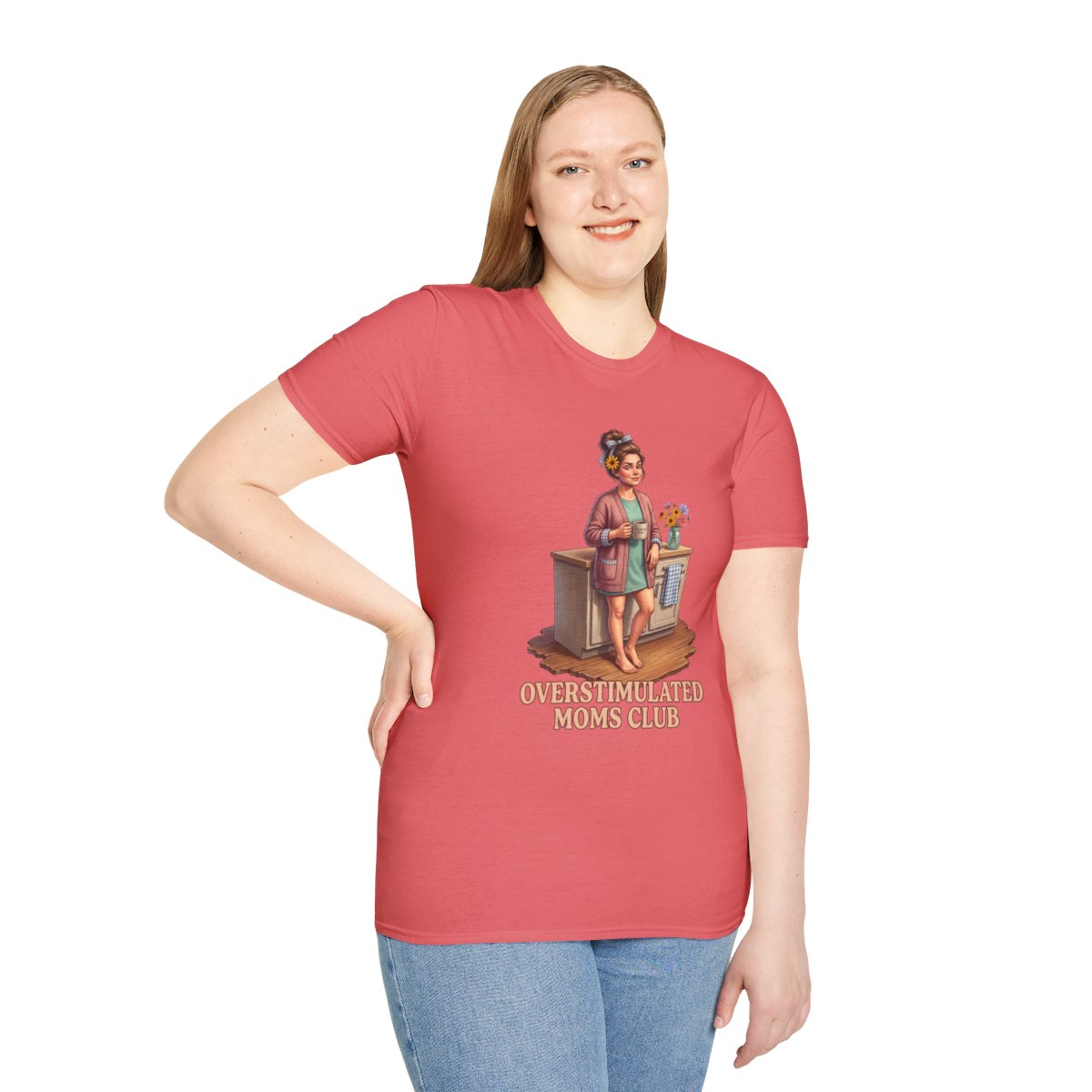 A woman with long hair models the coral Overstimulated Shirt - Overstimulated Moms Club tee, standing frontally