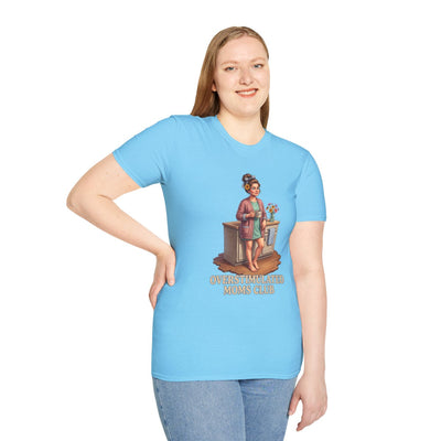A woman with long hair models the light blue Overstimulated Shirt - Overstimulated Moms Club tee, standing frontally