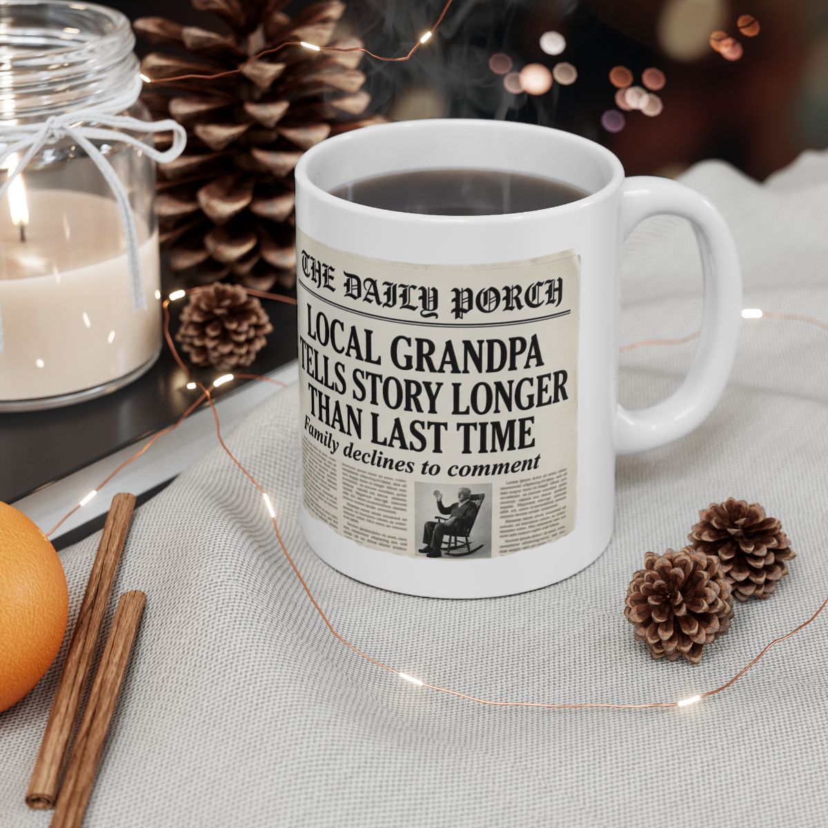 Grandpa Coffee Mug — "Local Grandpa Tells Story Longer Than Last Time" Newspaper Mug