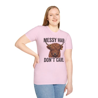Highland Cow Shirt — "Messy Hair Don't Care" Graphic Tee in Light Pink