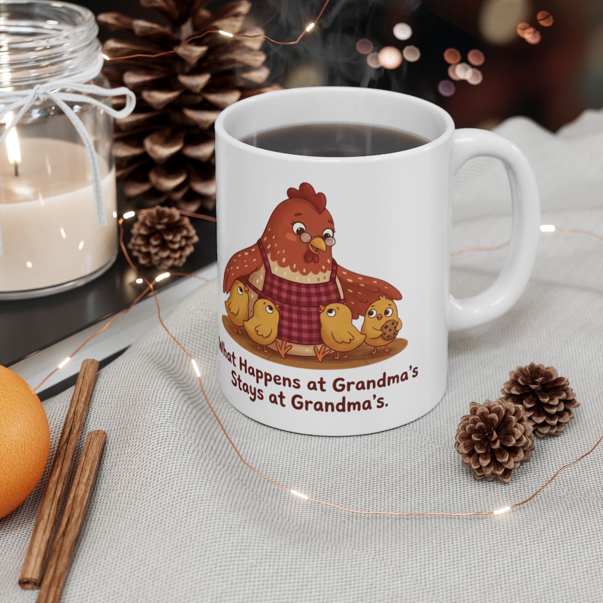 Grandma Coffee Mug — "What Happens at Grandma's Stays at Grandma's" Hen & Chicks Mug