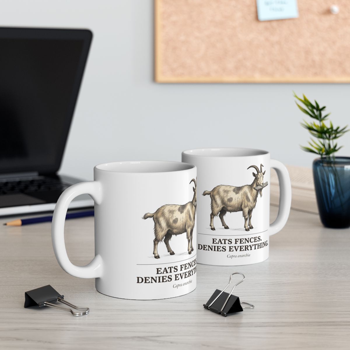 Goat Coffee Mug — "Eats Fences. Denies Everything." Vintage Engraved Goat Mug