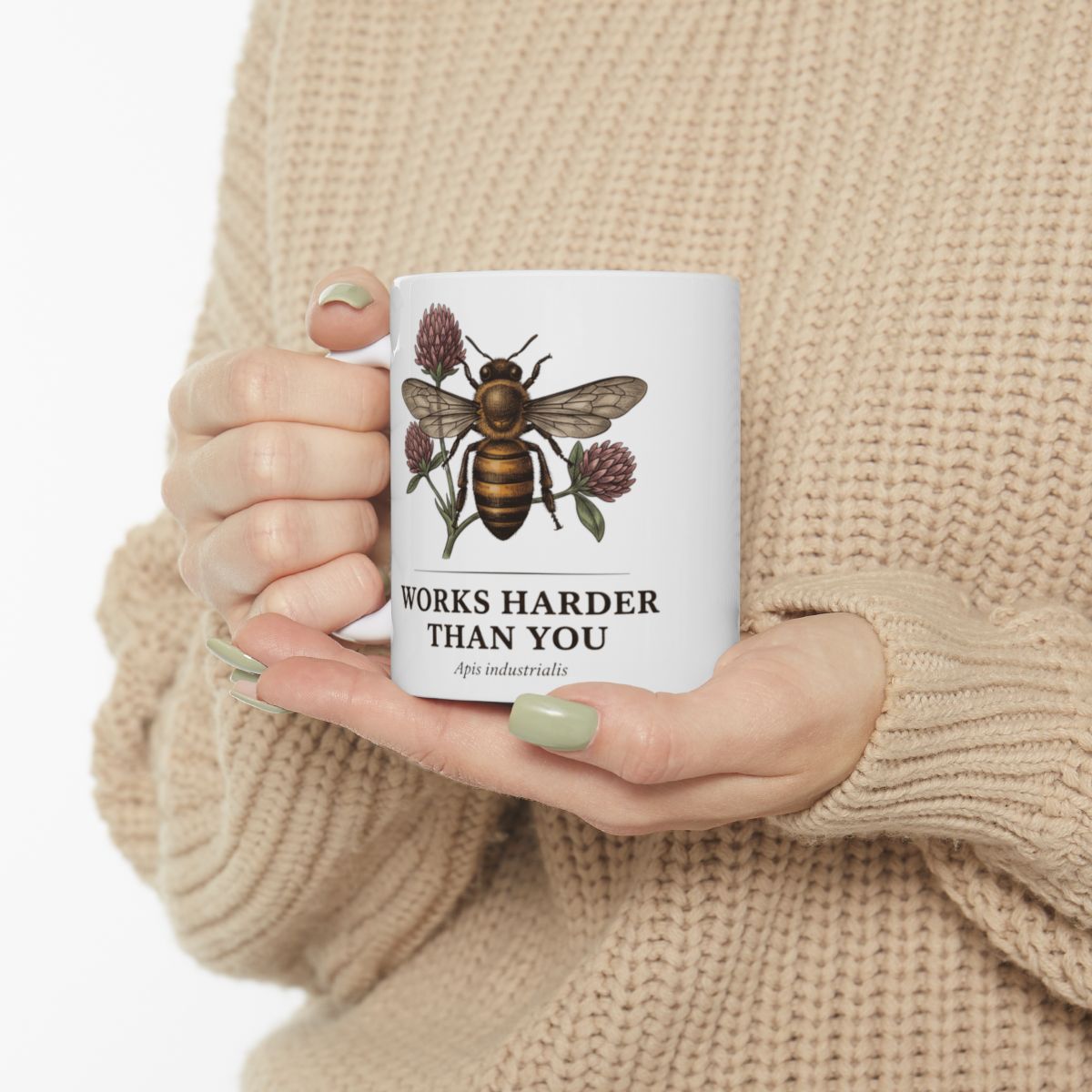 Bee Coffee Mug — "Works Harder Than You" Vintage Engraved Honeybee & Clover Mug