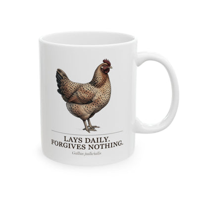 The front of a white Chicken Coffee Mug, featuring a detailed brown hen illustration and humorous text