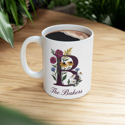 Personalized Monogram Mug — Wildflower Initial with Family Name