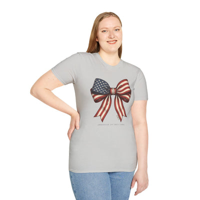 4th of July Shirt — American Flag Bow Tee for Women in Ice Grey