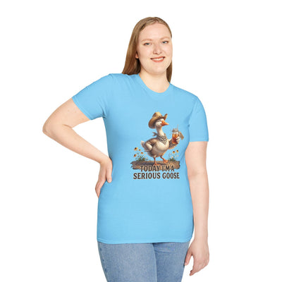 A woman stands with a hand on her hip, modeling the light blue "Sweet Tea Shirt - Today I'm a Serious Goose" tee