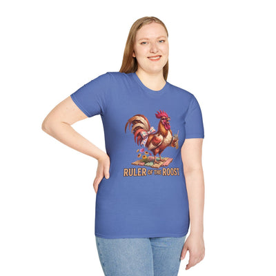 A woman stands smiling, wearing a blue Rooster Shirt - Ruler of the Roost, with her hand on her hip