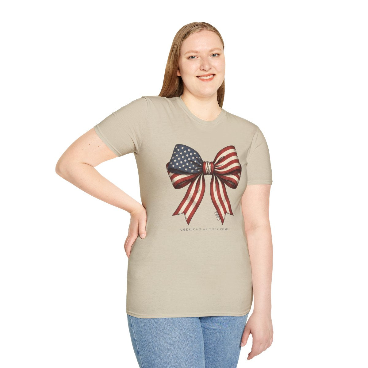 4th of July Shirt — American Flag Bow Tee for Women in Sand