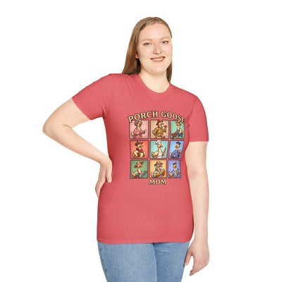 A woman with long blonde hair smiles, standing and wearing the coral Goose Shirt - Porch Goose Mom with nine cartoon geese