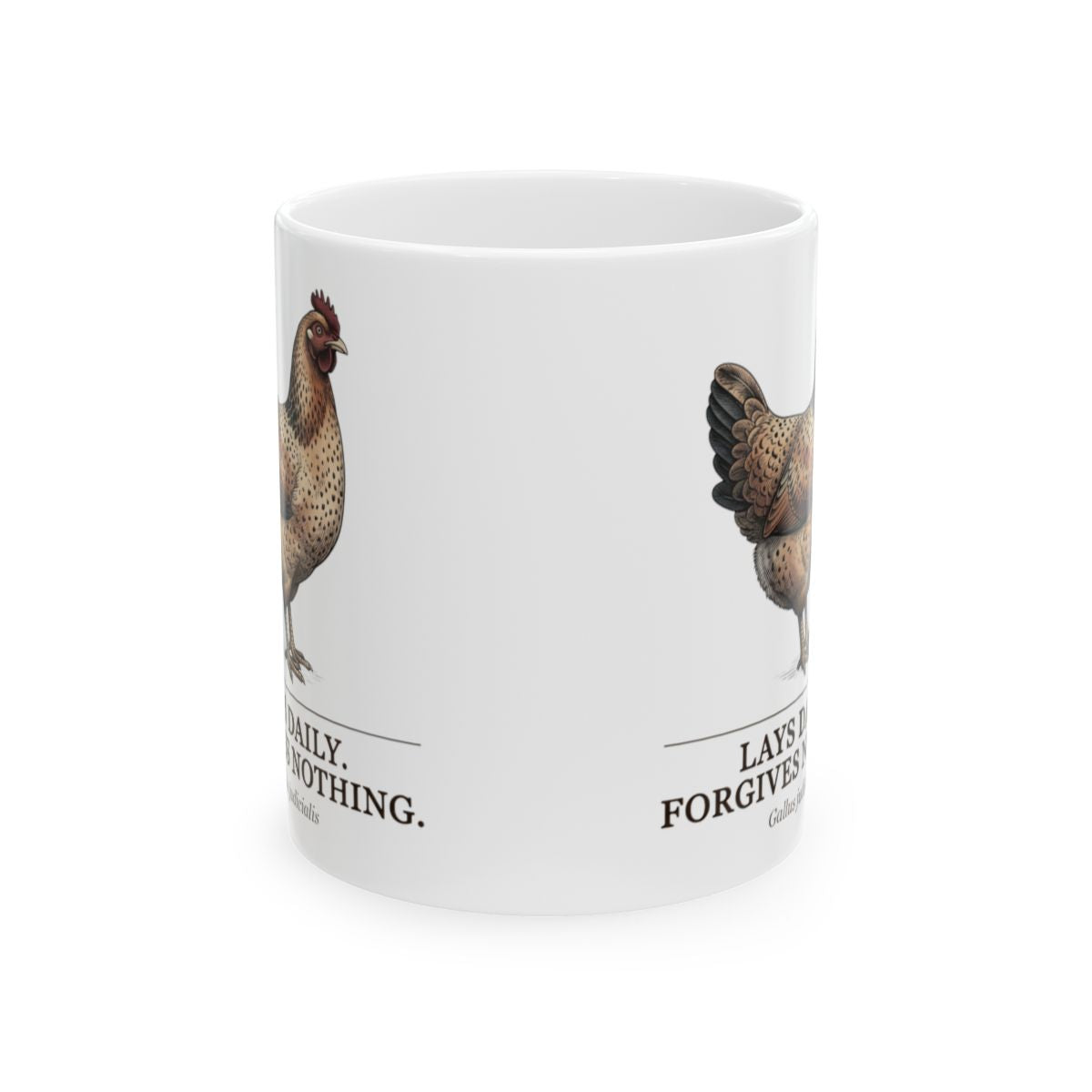 Chicken Coffee Mug — "Lays Daily. Forgives Nothing." Vintage Field Plate Hen Mug