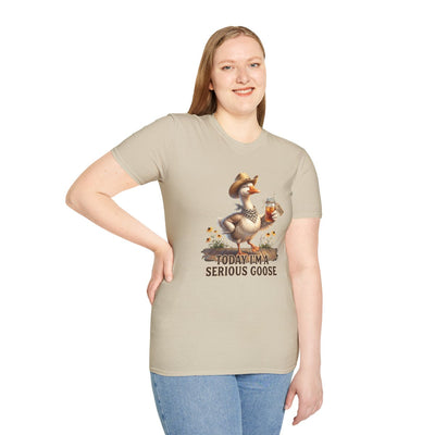 A woman stands with a hand on her hip, modeling the beige "Sweet Tea Shirt - Today I'm a Serious Goose" tee