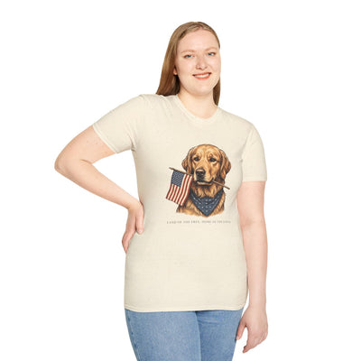 Patriotic Shirt for Women — Golden Retriever Flag Tee in Natural