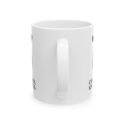 Cow Coffee Mug — "Chews. Stares. Knows Things." Vintage Engraved Black Baldy Mug