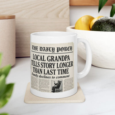 Grandpa Coffee Mug — "Local Grandpa Tells Story Longer Than Last Time" Newspaper Mug