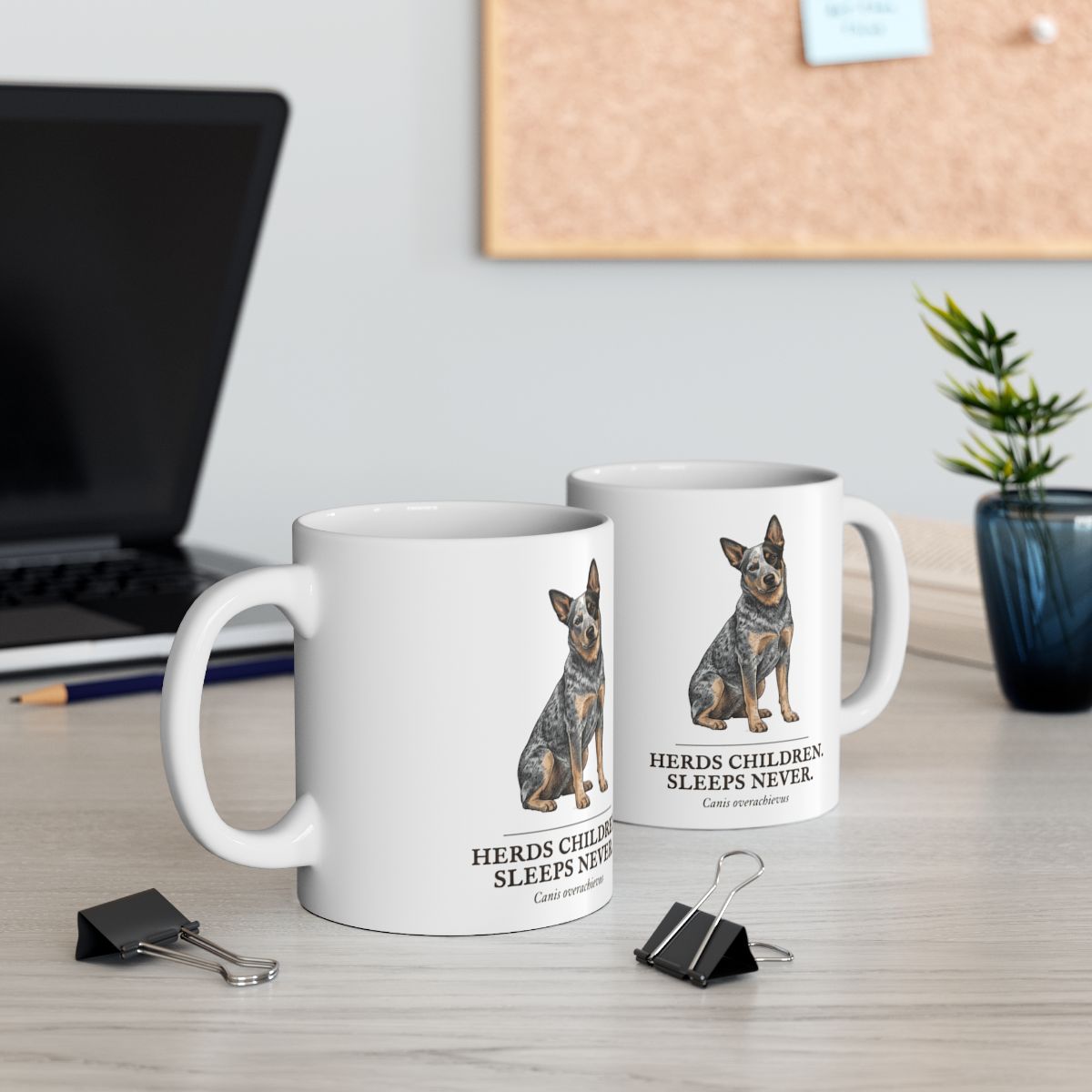 Dog Mom Mug — "Herds Children. Sleeps Never." Vintage Engraved Cattle Dog Mug
