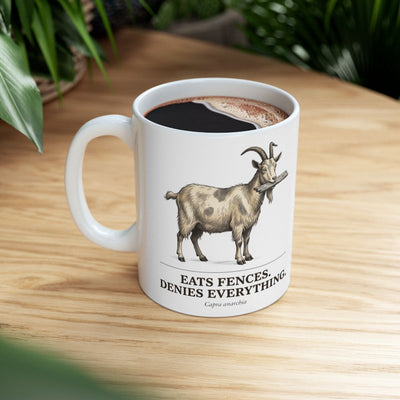 Goat Coffee Mug — "Eats Fences. Denies Everything." Vintage Engraved Goat Mug