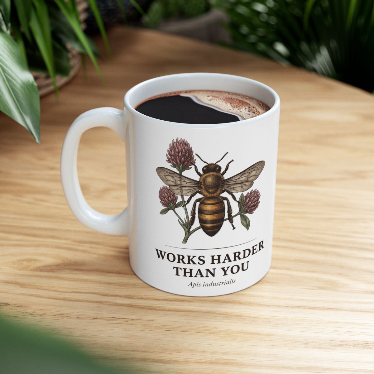 Bee Coffee Mug — "Works Harder Than You" Vintage Engraved Honeybee & Clover Mug