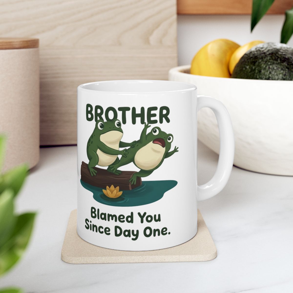 Brother Mug — "Blamed You Since Day One" Funny Frog Sibling Gift Mug