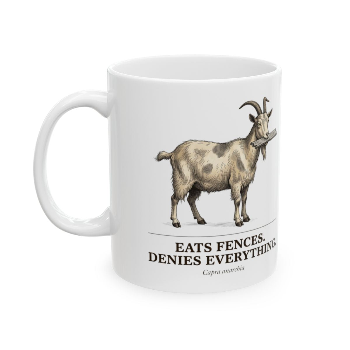 Goat Coffee Mug — "Eats Fences. Denies Everything." Vintage Engraved Goat Mug
