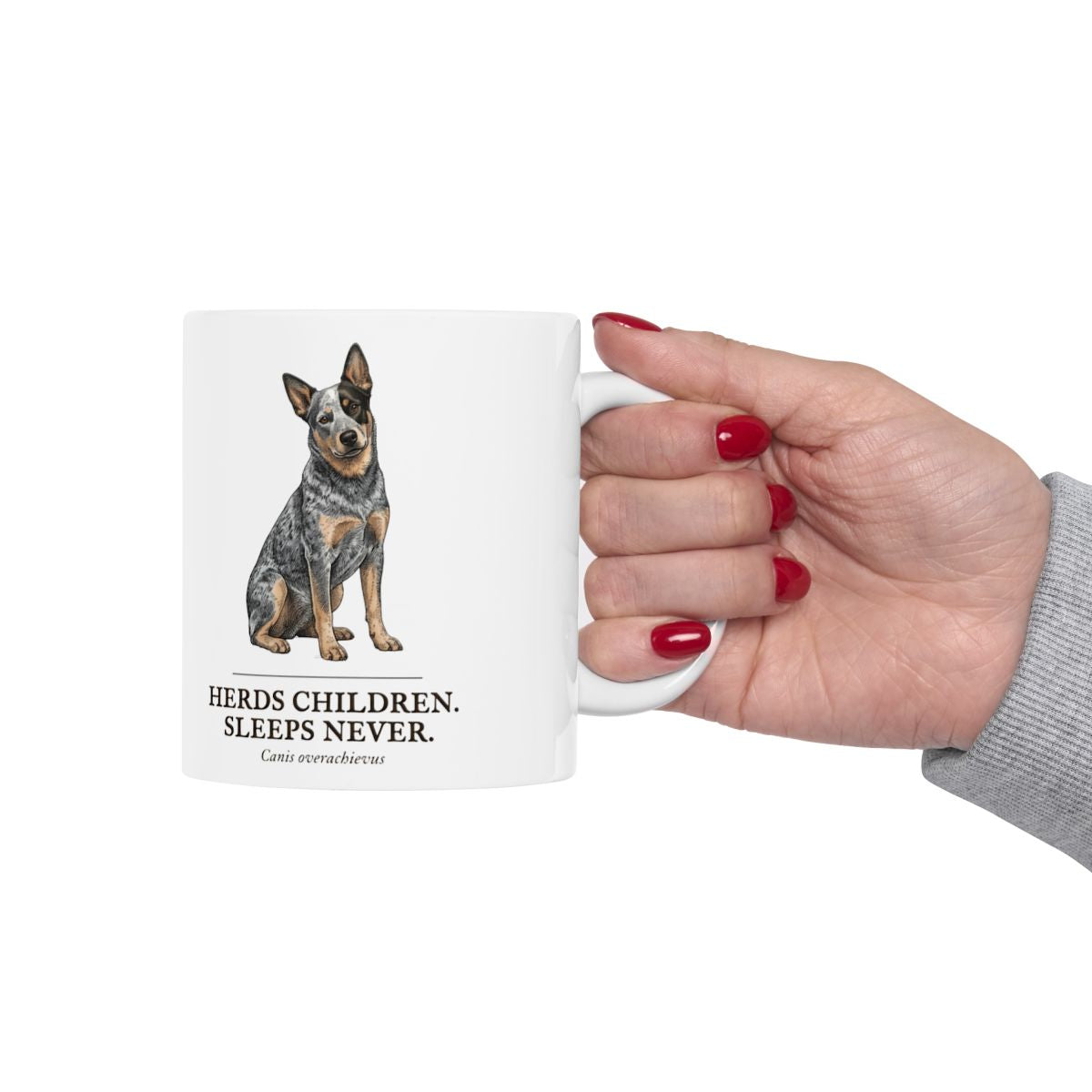 Dog Mom Mug — "Herds Children. Sleeps Never." Vintage Engraved Cattle Dog Mug