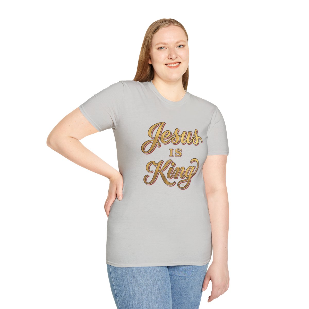 Jesus Is King Shirt — Gold Leaf Script Christian Tee in Ice Grey